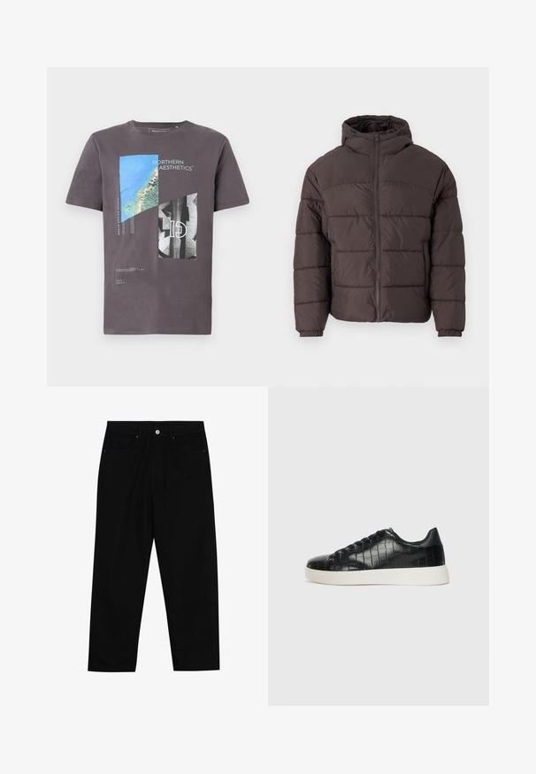 Hnědá péřová bunda s kapucí, s předním zipem, elastickými manžetami a horizontálním prošíváním pro izolaci. Texturovaný povrch látky.; Šedé bavlněné tričko s grafickým potiskem modrých a černých geometrických tvarů a textu, krátké rukávy a kulatý výstřih.; Černé džíny s rovně střiženými nohavicemi, designem pěti kapes a předním zapínáním na knoflík. Hladký povrch s minimem švových detailů.; Černé tenisky s texturovaným vrškem z kůže s embosovaným hadím vzorem, kulatou špičkou a kontrastní bílou gumovou podrážkou s hladkým povrchem.