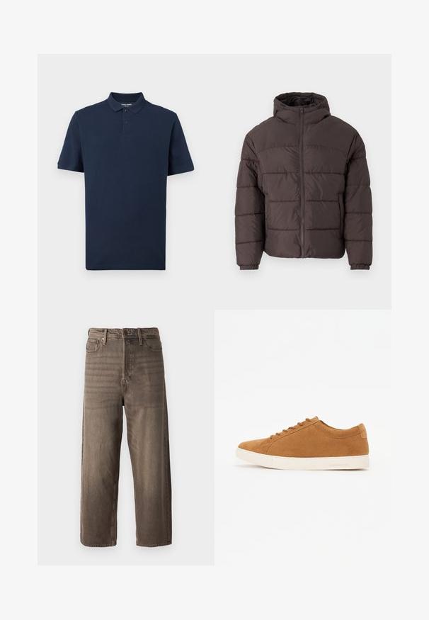 Rjava jakna s puhom in kapuco, z zadrgo na sprednji strani, elastičnimi manšetami in horizontalnim prešitim vzorcem za izolacijo. Teksturno zaključena tkanina.; Polo majica temno modre barve, izdelana iz mehkega bombaža. Opremljena je s klasičnim ovratnikom, dvema gumboma in kratkimi rokavi. Diskreten logotip na prsih.; Rjavi široki traper hlače. Imajo zadrgo, zanke za pas in pet žepov. Tkanina ima zbledel in teksturiran videz.; Rjavi semiš športni copati z nizkim dizajnom, belem gumijastem podplatu in okroglo oblikovanim nosom. Imajo usklajene vezalke in minimalno blagovno znamko na peti.