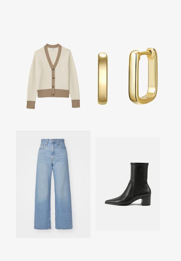 Brauner Wildleder-Langmantel mit Kragen, vorderen Knöpfen, zwei Taschen und einem passenden Taillengürtel. Weiche Textur mit einer glatten Oberfläche.; Cremfarbener Cardigan mit beigen Rippakzenten, V-Ausschnitt und sechs braunen Knöpfen auf der Vorderseite. Weiche Textur, Raglanärmel und taillierter Saum.; Helles beiges Gewebe mit einem gefalteten Ärmel, das eine glatte Textur und ein weiches Erscheinungsbild zeigt und seine Schlichtheit und Eleganz hervorhebt.; Hellblaue High-Waist-Weite-Leg-Jeans mit Knopf- und Reißverschluss vorne, Vorder- und Rückentaschen, auf weißem Hintergrund.; Schwarze Knöchelstiefel aus glattem Leder, mit spitzem Zehenbereich, einem Blockabsatz und markanten, raised stitching am oberen Rand.; Goldene Creolen mit rechteckiger Form, glatter Textur und abgerundeten Kanten. Verfügt über einen sicheren Verschluss für zusätzliche Stabilität.