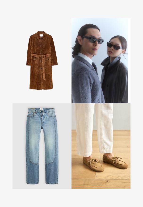 Brown suede long coat with a collar, front buttons, two pockets, and a matching waist tie. Soft texture with a smooth finish.; Brown long-sleeve turtleneck shirt with a slim fit, made of lightweight, slightly sheer fabric.; Light blue denim jeans with a straight, loose fit, featuring contrasting panel details and a five-pocket design. Button fly closure.; Brown suede boat shoes with laces, featuring a rounded toe and stitched accents. Worn with white corduroy pants in a wooden setting.; Sunglasses with angular black frames on model with a gray sweater, showcasing textured knit and a black leather jacket worn by another model.; Black leather handbag with a curved design, two long handles, and silver hardware. Smooth texture with no visible patterns or accents.