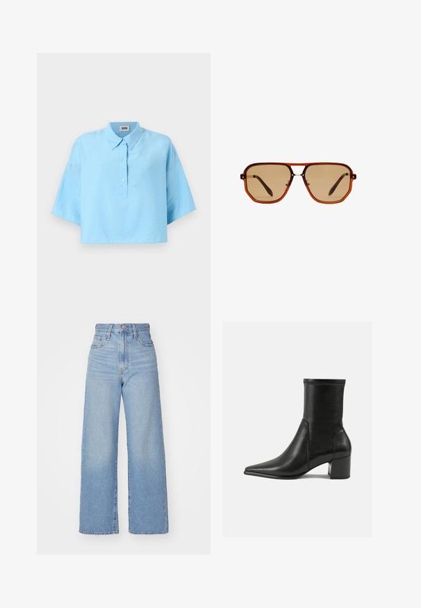Brauner Wildleder-Langmantel mit Kragen, vorderen Knöpfen, zwei Taschen und einem passenden Taillengürtel. Weiche Textur mit einer glatten Oberfläche.; Helles blaues, gekürztes Hemd mit einem Kragen, Knopfverschluss vorne und kurzen Ärmeln. Hergestellt aus einem glatten, leichten Stoff.; Hellblaue High-Waist-Weite-Leg-Jeans mit Knopf- und Reißverschluss vorne, Vorder- und Rückentaschen, auf weißem Hintergrund.; Schwarze Knöchelstiefel aus glattem Leder, mit spitzem Zehenbereich, einem Blockabsatz und markanten, raised stitching am oberen Rand.; Braune achteckige Sonnenbrille mit einem transparenten, bernsteinfarbenen Rahmen und braun getönten Gläsern. Verfügt über eine Metallverzierung am Steg und schlanke Bügel.; Goldene Creolen mit rechteckiger Form, glatter Textur und abgerundeten Kanten. Verfügt über einen sicheren Verschluss für zusätzliche Stabilität.