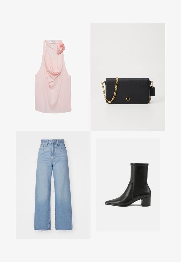 Brun ruskinds lang frakke med krave, frontknapper, to lommer og en matchende talje-bånd. Blød tekstur med en glat finish.; Lys pink udenærmet top med draperet halsudskæring og blomsteraccent på venstre side. Lavet af glat stof, den har en afslappet pasform og rundet kant.; Lyseblå højtaljede bukser med bred benåbning, med frontknap og lynlås, samt for- og baglommer, på en hvid baggrund.; Sorte ankelstøvler lavet af glat læder, med spids tå, en blokhæl og markant hævet syning ved den øverste kant.; Sort læder crossbody taske med en tekstureret overflade, guld kædestrop og et lille mærkat. Har et fremtrædende logo på forsiden.; Gule hoop øreringe med rektangulær form, glat tekstur og afrundede kanter. Udviklet med en sikker lukning for ekstra stabilitet.