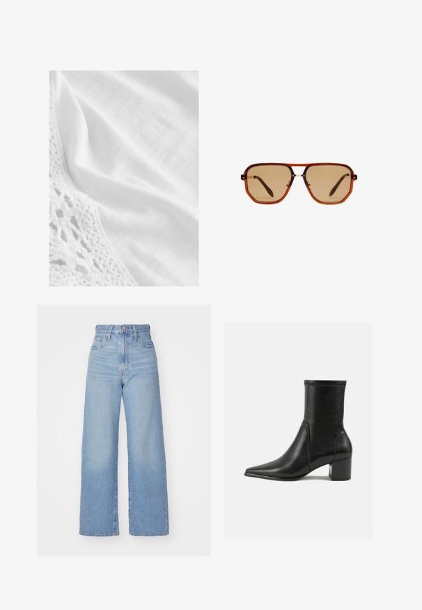 Brązowy zamszowy długi płaszcz z kołnierzem, z przodu zapinany na guziki, z dwiema kieszeniami i pasującym paskiem w talii. Miękka tekstura o gładkim wykończeniu.; Biała tkanina z teksturowanym koronkowym brzegiem, gładką fakturą i delikatnym połyskiem. Ogólny wygląd jest czysty i minimalistyczny.; Jasnoniebieskie jeansy z wysokim stanem i szerokimi nogawkami, z zapięciem na guziki i zamek z przodu, przednie i tylne kieszenie, na białym tle.; Czarny botek za kostkę wykonany z gładkiej skóry, z szpiczastym noskiem, słupkowym obcasem oraz wyraźnym podniesionym szwem na górnej krawędzi.; Brązowe ośmiokątne okulary przeciwsłoneczne z przezroczystą bursztynową oprawką i brązowymi soczewkami. Posiadają metalowy akcent na nosku oraz smukłe zauszniki.; Czarna skórzana torebka na ramię z teksturowaną powierzchnią, złotym łańcuszkiem i małą metką. Posiada wyraźne logo z przodu.; Złote kolczyki w kształcie prostokąta, o gładkiej fakturze i zaokrąglonych krawędziach. Posiadają pewne zapięcie dla dodatkowej stabilności.