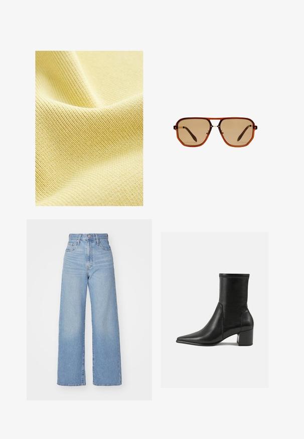 Ruskea mokkanopeus takki, jossa on kaulus, etupainikkeet, kaksi taskua ja yhteensopiva vyötärönauha. Pehmeä rakenne ja sileä pinta.; Kuitu keltainen kangas, jossa on hieno urituskuvio, sileä pinta ja pehmeä, kevyt ulkonäkö. Ihanteellinen vaatteisiin tai verhoiluun.; Vaalean siniset korkeavyötäröiset löysät farkut, joissa on etuvetoketju ja nappikiinnitys, sekä edessä että takana taskut, valkoista taustaa vasten.; Mustat nilkkurit, jotka on valmistettu sileästä nahasta, kärjessä on terävä muoto, paksu korko ja selkeästi kohoavat ompeleet yläreunassa.; Ruske oktagonalne sunčane naočale s prozirnim amber okvirom i smeškastim staklima. Imaju metalni naglasak na mostu i tanke strane.; Mustat nahka crossover-laukku, jossa on teksturoitu pinta, kultaketju-hihna ja pieni etiketti. Edessä on näkyvä logo.; Kultaketjuiset korvakorut, joissa on suorakulmainen muoto, sileä pinta ja pyöristetyt reunat. Varustettu turvallisella sulkimella lisästabiilisuutta varten.