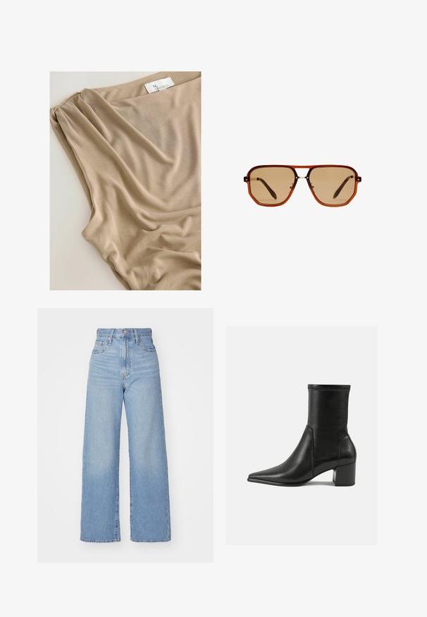 Manteau long en daim marron avec col, boutons à l'avant, deux poches et une ceinture assortie. Texture douce avec une finition lisse.; Tissu beige avec un drapé doux et une texture lisse, avec une étiquette visible sur le bord supérieur indiquant la marque ou la collection.; Jean large taille haute bleu clair avec bouton et fermeture éclair à l'avant, poches avant et arrière, sur fond blanc.; Bottine noire en cuir lisse, avec un bout pointu, un talon carré et des coutures surélevées distinctes au bord supérieur.; Lunettes de soleil octogonales brunes avec un cadre transparent couleur ambre et des verres teintés bruns. Elles présentent un accent métallique au niveau du pont et des branches fines.; Boucles d'oreilles en or en forme de rectangle, avec une texture lisse et des bords arrondis. Présentent une fermeture sécurisée pour plus de stabilité.