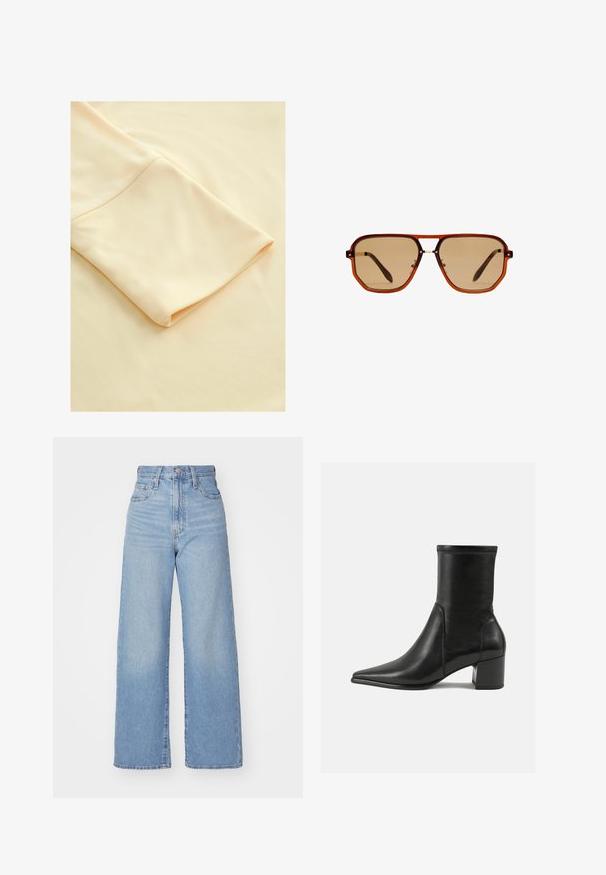 Cappotto lungo in suede marrone con colletto, bottoni frontali, due tasche e cintura coordinata. Texture morbida con una finitura liscia.; Tessuto beige chiaro con una manica piegata, che evidenzia una texture liscia e un aspetto morbido, mettendo in risalto la sua semplicità ed eleganza.; Jeans a vita alta blu chiaro con gamba larga, chiusura frontale con bottone e zip, tasche anteriori e posteriori, su uno sfondo bianco.; Stivale alla caviglia nero in pelle liscia, con punta appuntita, tacco a blocco e cuciture raccolte distintive lungo il bordo superiore.; Occhiali da sole ottagonali marroni con montatura trasparente color ambra e lenti sfumate marroni. Caratterizzati da un accento metallico sul ponte e stecche sottili.; Borsa a tracolla in pelle nera con superficie strutturata, tracolla in metallo dorato e un piccolo etichetta. Presenta un logo prominente sul davanti.; Orecchini a cerchio dorati con forma rettangolare, texture liscia e bordi arrotondati. Presentano una chiusura sicura per una maggiore stabilità.