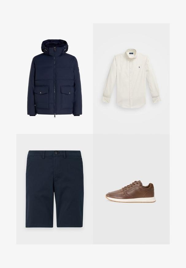 Navy blue puffer jacket with a zip front, a furry-lined hood, and two large flap pockets. Features smooth fabric and elastic cuffs.; White long-sleeve shirt made of cotton, featuring a button-down collar, a single chest pocket, and a small navy logo on the left side.; Navy blue shorts made of cotton blend material, featuring a button closure, belt loops, and straight hem with minimal detailing.; Tommy Hilfiger HYBRID - Trainers - legacy brown