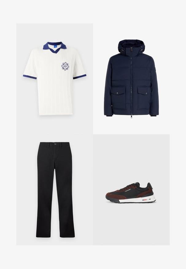 Temno modra puhafna jakna z zadrgo spredaj, kapuco obloženo s krznom in dvema velikima žepekoma s poklopcem. Opremljena je z gladkim materialom in elastičnimi manšeti.; Bela polo majica s kratkimi rokavi z mornarsko ovratnikom in obrobami. Ima teksturiran vzorec in mornarsko oznako z napisom "EST 1980".; Črne hlače postavljene na belo ozadje, z naravnim krojem in gumbnim zapiranjem na pasu.; Tommy Hilfiger RETRO RUNNER MIX - Športni copati - black/cocoa