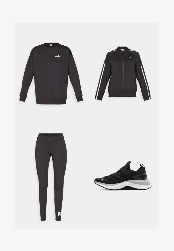 Casaco de treino preto feito de tecido suave, com riscas brancas laterais, gola alta e fecho à frente, apresentando um logo bordado no peito.; Sweatshirt preto com mangas longas e decote redondo. Apresenta um pequeno logótipo branco da Puma no lado esquerdo do peito. Textura de tecido suave.; Leggings pretas feitas de um tecido elástico, com um cós alto e um logótipo branco impresso na parte inferior da perna esquerda. Textura suave.; Sapatilha atlética preta com um upper texturizado, tiras elásticas e uma entressola grossa branca. Apresenta um detalhe cinza ao longo da sola.