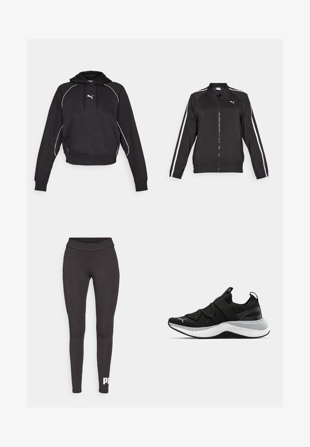 Černá sportovní bunda vyrobená z hladkého materiálu, se bílými bočními pruhy, stojáčkem a předním zipem, s vyšitým logem na hrudi.; Černá zkrácená mikina s kapucí na šňůrku, bílým akcentním prošíváním a malým bílým logem na hrudi. Měkká textilie.; Černé legíny vyrobené z elastického materiálu, s vysokým pasem a bílým logem potisknutým na dolní části levé nohy. Hladká textury.; Černá sportovní bota s texturovaným svrškem, elastickými pásky a silnou bílou mezipodešví. Obsahuje šedý akcent podél podešve.