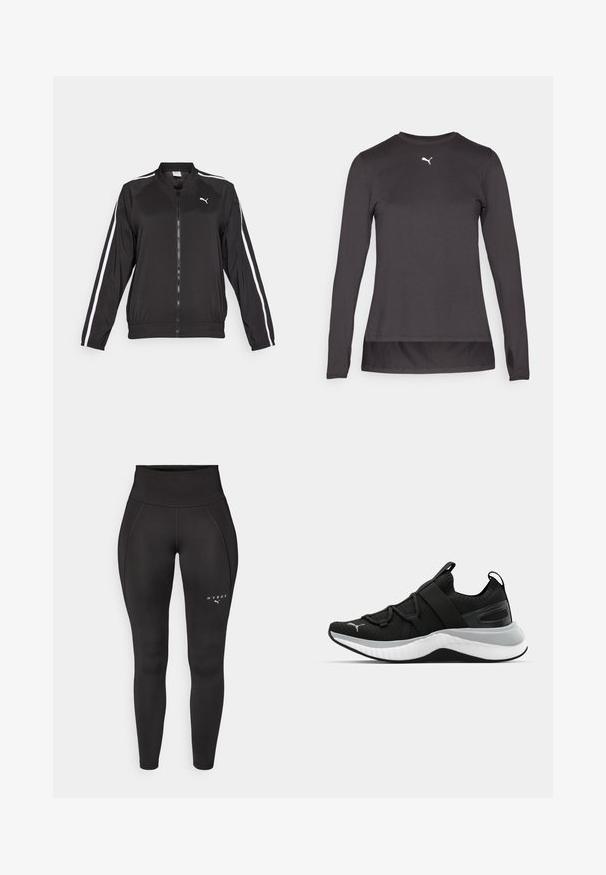 Black track jacket made of smooth fabric with white side stripes, a stand-up collar, and a front zipper, featuring an embroidered logo on the chest.; Black long-sleeve athletic shirt with a round neckline, featuring a small white logo on the chest and thumbholes at the cuffs. Smooth texture.; Black athletic leggings with a high waistband, featuring a smooth texture and flat seams. Logo printed in white on the left side.; Black athletic shoe with a textured upper, elastic straps, and a thick white midsole. Features a grey accent along the sole.