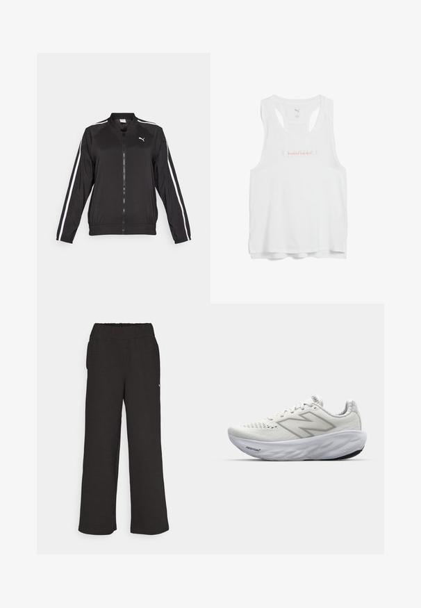 Fekete futódzseki sima anyagból, fehér oldalsávokkal, álló gallérral és elülső cipzárral, mellkason hímzett logóval.; Fehér sportos ujjatlan felső, kerek nyakkivágással, versenyháton, és a mellkason rózsaszín betűkkel "PUSHING THE PACE" felirattal.; Fekete, bő szárú nadrág texturált anyagból, rugalmas derékkal. Oldalsó zsebekkel és egy kis logóval rendelkezik.; Fehér sportcipők hálós felsőrésszel, párnázott nyakkal, textúrált talppal és a "Fresh Foam" felirattal a középtalpon.