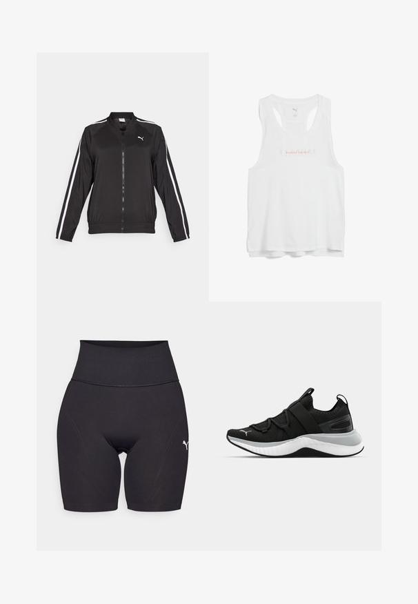 Fekete futódzseki sima anyagból, fehér oldalsávokkal, álló gallérral és elülső cipzárral, mellkason hímzett logóval.; Fehér sportos ujjatlan felső, kerek nyakkivágással, versenyháton, és a mellkason rózsaszín betűkkel "PUSHING THE PACE" felirattal.; Fekete, magas derekú sportos rövidnadrág rugalmas anyagból, formázott fazonnal, lapos varrásokkal és egy kis fehér logóval az oldalán.; Fekete sportcipő textúrázott felső résszel, rugalmas pántokkal és vastag fehér középtalppal. Szürke akcentussal rendelkezik a talp mentén.