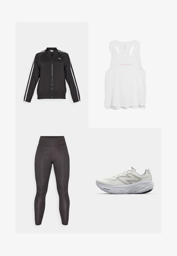 Juodas sportinis džemperis, pagamintas iš lygios medžiagos, su baltomis šoninėmis juostomis, stovinčiu apykakle ir priekiniais užtrauktukais. Ant krūtinės išsiuvinėtas logotipas.; Baltas sportinis tank topas su apvaliu kaklu, lenkta nugara ir tekstu „GREITINAME TEMPO“ rožine spalva, išspausdintu ant krūtinės.; Juodos legginsai su tekstūriniu raštu, kurį sudaro spiralės ir linijos, aukšta juosmens linija ir prigludusi dizaino forma, besitęsianti iki kulkšnies.; Baliniai sportiniai bateliai su tinklinio viršumi, turintys paminkštintą apykaklę, tekstūruotą padas ir "Fresh Foam" prekės ženklo logotipą ant vidurio pado.