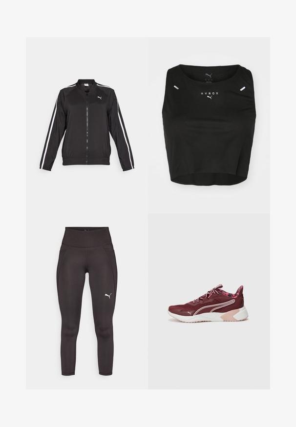 Giacca da tracksuit nera realizzata in tessuto liscio, con strisce bianche laterali, colletto alto e zip frontale, caratterizzata da un logo ricamato sul petto.; Top corto nero in tessuto testurizzato, con scollo rotondo, logo bianco e due piccoli dettagli riflettenti sulle spalle.; Leggings atletici neri realizzati in un materiale elastico con vita alta, dotati di tasche laterali e un logo bianco sulla gamba sinistra.; Scarpa sportiva bordeaux con parte superiore testurizzata, accenti bianchi e suola rosa. Presenta una soletta imbottita e una fodera interna a motivo.