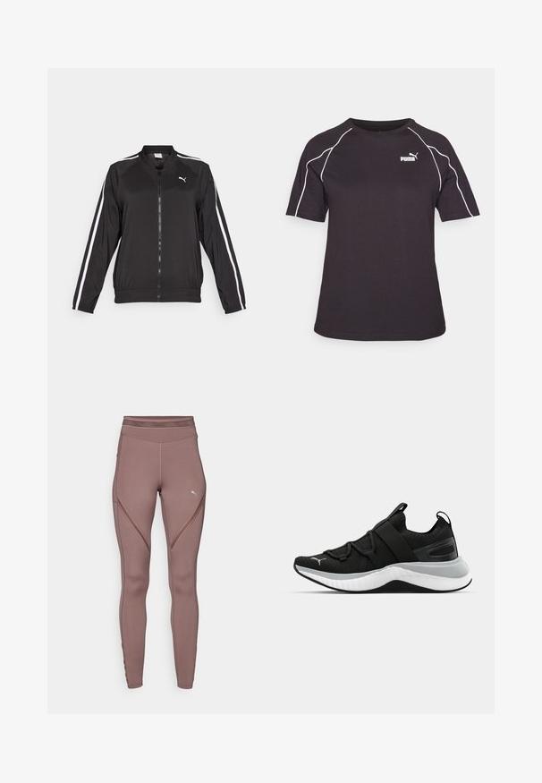 Fekete futódzseki sima anyagból, fehér oldalsávokkal, álló gallérral és elülső cipzárral, mellkason hímzett logóval.; Fekete, rövid ujjú póló, pamut keverékből készült. Fehér kontrasztos varrásokkal és logóval rendelkezik a bal mellen. Kerek nyakú kialakítás.; Barna magas derekú leggings, rugalmas anyagból készült, geometrikus varrásmintákkal és egy kis logóval a bal oldalon.; Fekete sportcipő textúrázott felső résszel, rugalmas pántokkal és vastag fehér középtalppal. Szürke akcentussal rendelkezik a talp mentén.