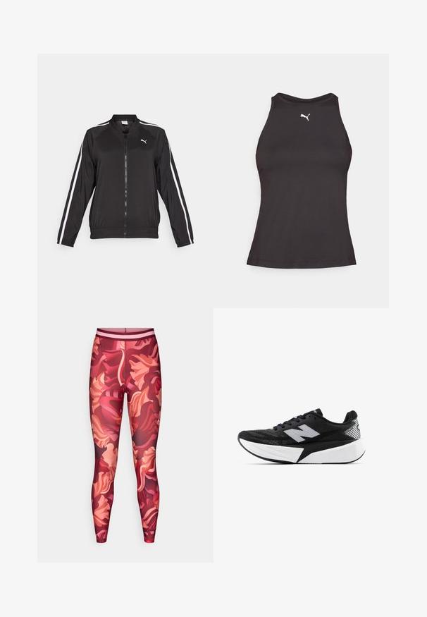 Czarna kurtka sportowa wykonana z gładkiego materiału, z białymi pasekami po bokach, stójką oraz zamkiem z przodu, z haftowanym logo na piersi.; Czarny sportowy top na ramiączkach z wysokim kołnierzem, z małym białym logo Pumy po lewej stronie klatki piersiowej. Wykonany z gładkiego, elastycznego materiału.; Legginsy w kwiatowy wzór w odcieniach czerwieni, różu i bordowego. Dopasowany fason z szerokim pasem i gładkiego, elastycznego materiału.; Czarno-biała biegowa sneaker New Balance z grubą podeszwą, siateczkowym wierzchem i logo "N" z boku, widok od strony zewnętrznej.