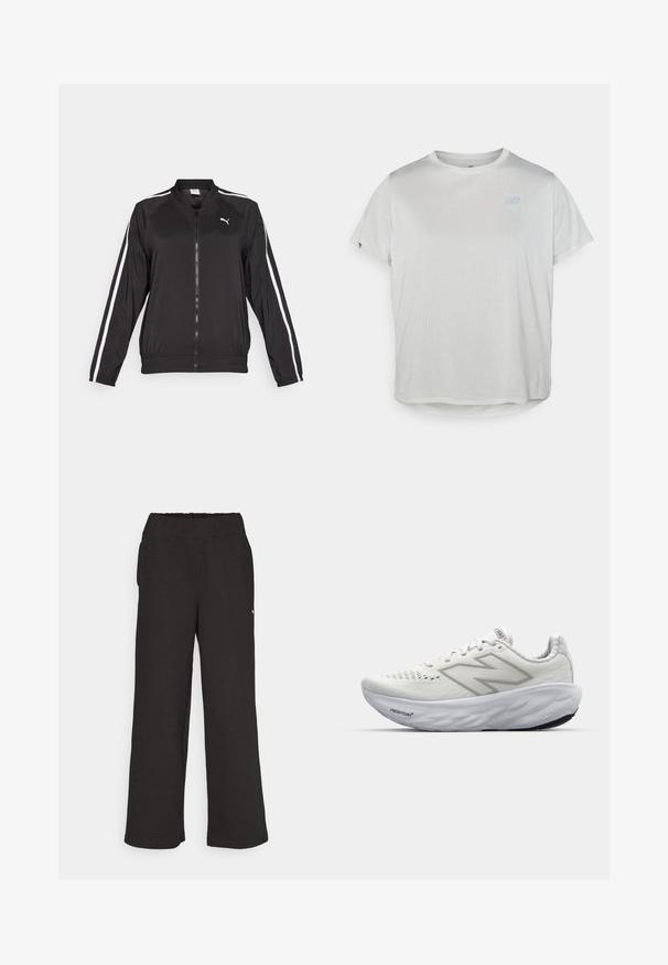 Črna trenerka iz gladkega materiala z belimi stranskimi črtami, s stojčkovim ovratnikom in sprednjim zadrgo, ki ima izvezeno logotip na prsih.; Svetlo siva, kratkodlaka atletska majica z mrežastim materialom in diskretnim modrim logotipom spredaj. Okrogla obroba na dnu.; Črne široke hlače iz teksturiranega blaga z elastičnim pasom. Ima stranske žepke in majhen logotip.; Bele atletske čevlje z mrežastim zgornjim delom, ki imajo oblazinjen ovratnik, teksturiran podplat in logo "Fresh Foam" na srednjem podplatu.