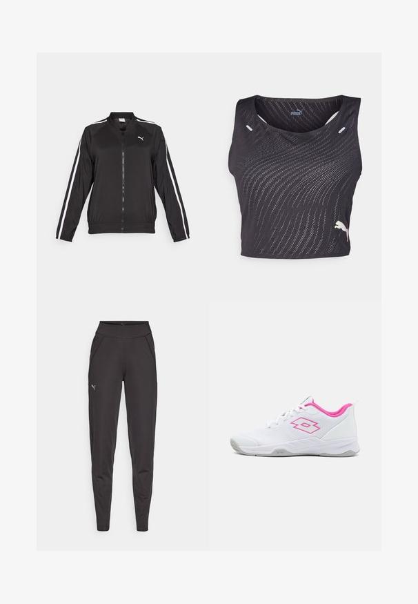 Black track jacket made of smooth fabric with white side stripes, a stand-up collar, and a front zipper, featuring an embroidered logo on the chest.; Black sleeveless athletic top featuring a textured wave pattern, small holes for breathability, and a contrasting logo on the hem.; Black athletic leggings made of stretchy fabric, featuring a high waistband, side pockets, and a small reflective logo on the left thigh.; Lotto MIRAGE 700 ALR - Multicourt tennis shoes - all white/wild orchid