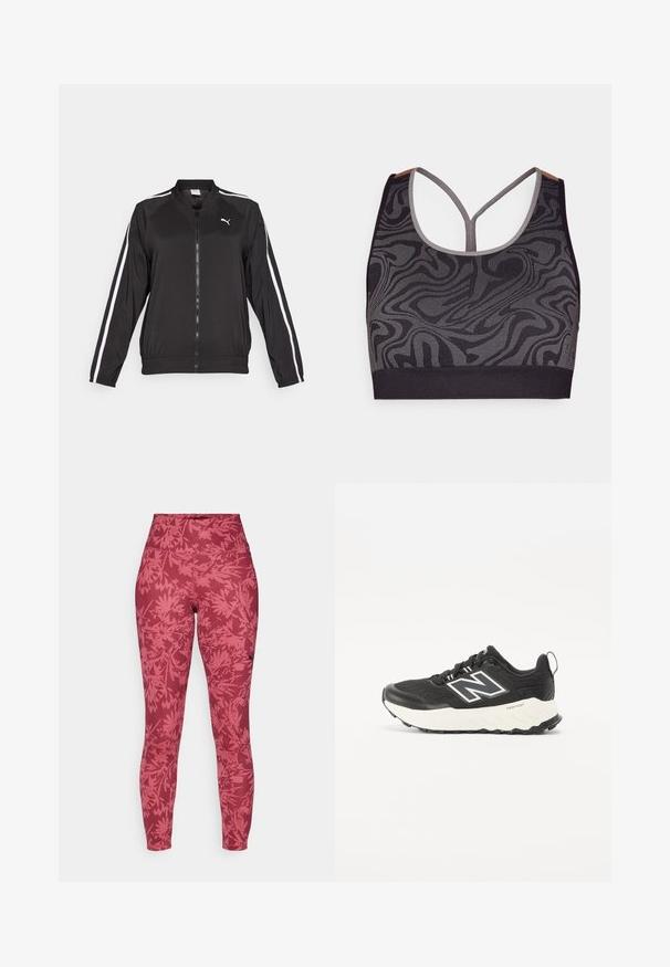 Jachetă de trening neagră, realizată dintr-un material neted, cu dungi albe pe laterale, guler înalt și fermoar anterior, având un logo brodat pe piept.; Sutien sport negru cu un model gri spiralat, având un decolteu rotund și un design cu spate în stil racerback. Fabricat dintr-un material tricotat texturat.; Leggings roșii cu un design ajustat, talie înaltă și un model de frunze pe întreaga suprafață, într-o nuanță mai închisă de roșu. Realizate dintr-un material elastic, texturat.; Pantofi sport negri cu un superior din material texturat, intermediar alb contrastant și un logo gri proeminent pe lateral. Talpă din cauciuc cu prindere.