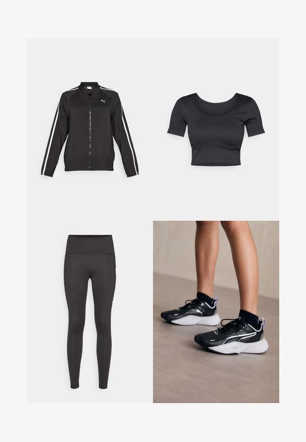 Black track jacket made of smooth fabric with white side stripes, a stand-up collar, and a front zipper, featuring an embroidered logo on the chest.; Black ribbed cropped top with short sleeves, wide round neckline, and a fitted band at the bottom. Soft texture, casual design.; Black leggings featuring a high waistband, smooth texture, and close-fitting design. Includes side pockets and minimal seam detailing.; Black athletic shoes with white accents, mesh upper, laces, and cushioned heel. Features a textured sole for traction.