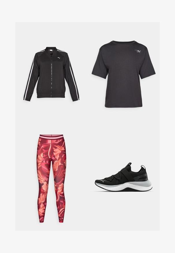 Schwarze Trainingsjacke aus glattem Stoff mit weißen Seitenstreifen, stehendem Kragen und einem Frontreißverschluss, versehen mit einem gestickten Logo auf der Brust.; Schwarzes Kurzarm-T-Shirt aus weichem Stoff, mit rundem Halsausschnitt und einem kleinen Logodetail auf der oberen linken Seite.; Leggings mit floralem Muster in Rottönen, Rosa und Burgunder. Enganliegendes Design mit einem breiten Bund und glattem, elastischem Material.; Schwarzer Sportschuh mit strukturiertem Obermaterial, elastischen Riemen und einer dicken weißen Mittelsohle. Mit einem grauen Akzent entlang der Sohle.