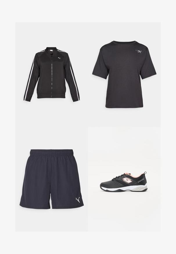 Black track jacket made of smooth fabric with white side stripes, a stand-up collar, and a front zipper, featuring an embroidered logo on the chest.; Black short-sleeve t-shirt made of soft fabric, featuring a rounded neckline and a small logo detail on the upper left side.; Navy blue athletic shorts made of lightweight fabric, featuring an elastic waistband and a small white logo on the left side.; Black athletic shoe with mesh upper, white and light pink accents, lace-up design, and textured sole for grip. Lightweight and flexible.