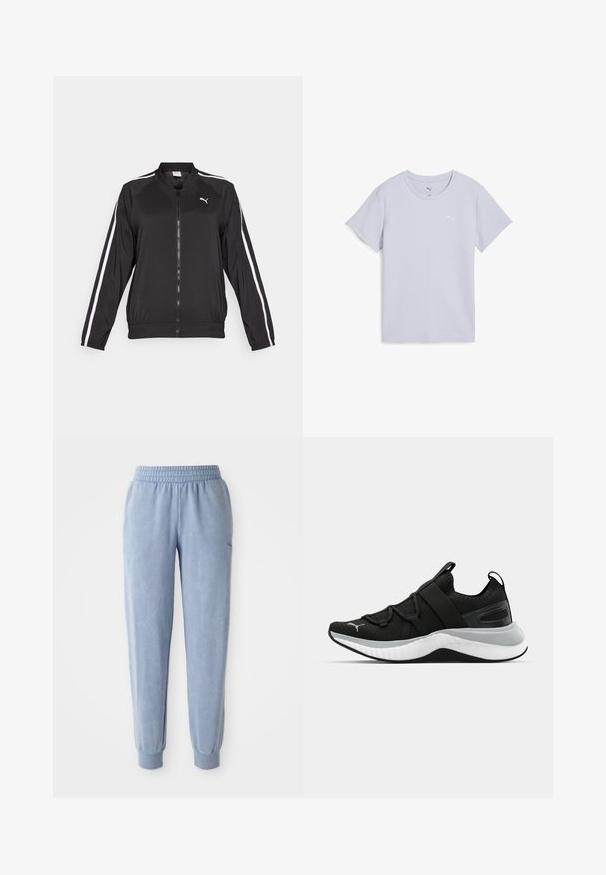 Črna trenerka iz gladkega materiala z belimi stranskimi črtami, s stojčkovim ovratnikom in sprednjim zadrgo, ki ima izvezeno logotip na prsih.; Svetlo modra majica s kratkimi rokavi in okroglo ovratnikom, izdelana iz teksturirane tkanine, z belim logotipom na zgornji levi strani.; Modre trenirke iz mehkega materiala z elastičnim pasom in manšetami; vsebujejo diskretno teksturo in majhno logo na eni strani.; Črne atletske čevlje z teksturirano zgornjšo plastjo, elastičnimi trakovi in debelim belim srednjim podplatom. Imajo sivo akcentsko linijo ob podplatu.