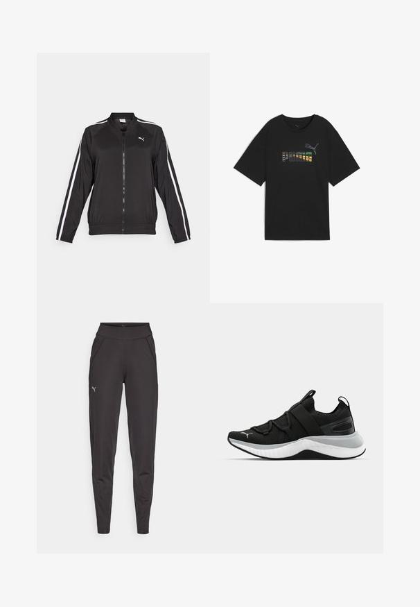 Sort træningsjakke lavet af glat stof med hvide sidelister, en opretstående krave og en frontlynlås, med et broderet logo på brystet.; Sort t-shirt med løstsiddende pasform, prydet med en flerfarvet "PUMA" tekstgrafik og logo på brystet. Fremstillet af blødt bomuldsstof.; Sorte atletiske leggings lavet af strækbart stof, med en høj talje, sidelommer og et lille reflekterende logo på venstre lår.; Sort atletiksko med en struktureret overdel, elastiske stropper og en tyk hvid mellemsål. Har en grå accent langs sålen.