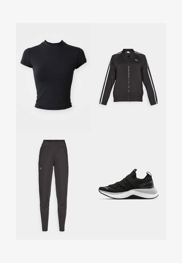 Must muströöpidega must sportjakk, mis on valmistatud siledast kangast, millel on kõrge kaelus ja eesne lukuga, ning mille rinnal on brodeeritud logo.; Must have musta must rinna muldne trööp alusega musta vähe mulda t-särk sileda, elastse kangaga, kõrge kaelusega ja lühikeste varrukatega, millel on puhas õmblus ja sobiv siluett.; Mustad mustriga mustad leggingud, mis on valmistatud venivast kangast. Neil on kõrge vöökoht, küljetaskud ja väike peegelduv logo vasakul reitel.; Must have tekstuuriga ülemise osaga mustad spordijalatsid, elastsete rihmade ja paksu valge vaheosaga. Omab halli aktsenti talla ääres.