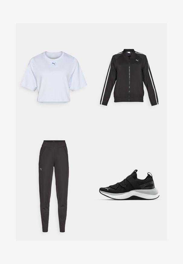Black track jacket made of smooth fabric with white side stripes, a stand-up collar, and a front zipper, featuring an embroidered logo on the chest.; White cropped t-shirt with short sleeves, featuring a round neckline and a small blue Puma logo on the chest. Smooth fabric texture.; Black athletic leggings made of stretchy fabric, featuring a high waistband, side pockets, and a small reflective logo on the left thigh.; Black athletic shoe with a textured upper, elastic straps, and a thick white midsole. Features a grey accent along the sole.