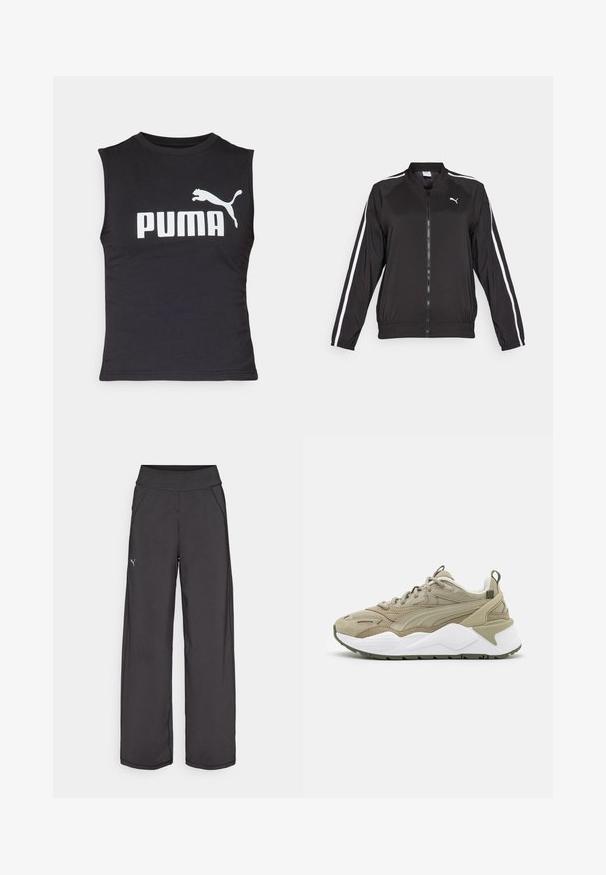 Casaco de treino preto feito de tecido suave, com riscas brancas laterais, gola alta e fecho à frente, apresentando um logo bordado no peito.; Camiseta preta sem mangas feita de tecido suave, apresentando um proeminente logótipo branco "PUMA" e uma silhueta de puma a saltar.; Calças atléticas pretas com uma cintura larga, bolsos laterais e costuras planas. Apresenta um pequeno logo na perna esquerda. Feitas de um tecido suave e elástico.; Tenis caqui com parte superior em malha e camurça, sola intermédia branca, detalhes verdes e texturizados. Apresenta uma aba no calcanhar para facilitar o calçar.