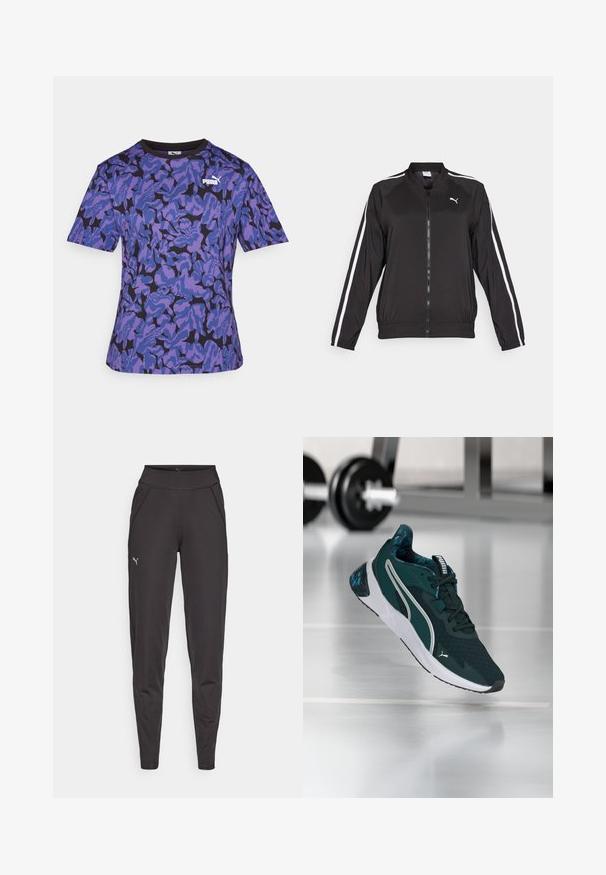 Musta urheilutakki, joka on valmistettu sileästä kankaasta. Takissa on valkoiset sivuraidat, pystykaulus ja etuvetoketju, sekä brodeerattu logo rinnassa.; Lyhythihainen violetti ja musta t-paita, jossa on teksturoitu naamiointikuosi; siinä on pyöreä kaula-aukko ja näkyvä valkoinen Puma-logo rinnassa.; Mustat urheilulegginsit, jotka on valmistettu joustavasta kankaasta. Niissä on korkea vyötärö, sivutaskut ja pieni heijastava logo vasemmassa reidessä.; Tumma vihreä ja valkoinen Puma-tennari kuvioidulla iskunvaimennuksella, esillä ilmassa kuntosalin lattialla lähellä painonnostotelinettä.