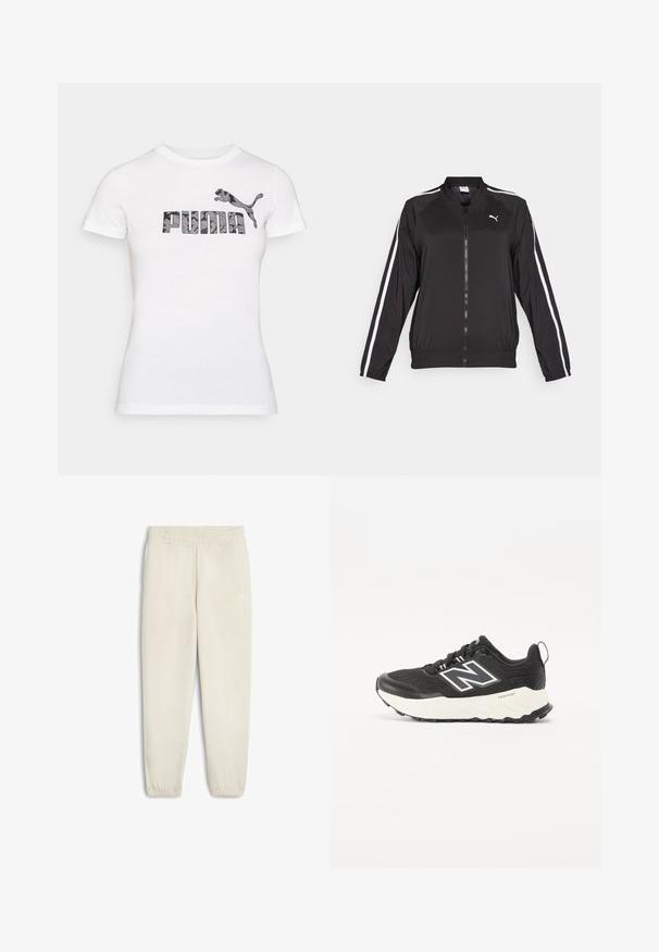 Chaqueta de chándal negra hecha de tela suave con franjas laterales blancas, un cuello alzado y una cremallera frontal, que presenta un logo bordado en el pecho.; Camiseta de algodón blanca con un logo de "PUMA" en camuflaje negro y gris y un gráfico de un puma saltando encima del texto. Mangas cortas, cuello redondo.; Pantalones de chándal beige claro hechos de un tejido suave, con una cintura elástica, puños en los tobillos y un pequeño logo blanco en el lado.; Zapatillas deportivas negras con parte superior de tela texturizada, entresuela blanca en contraste y un logotipo gris prominente en el costado. Suela de goma con tracción.