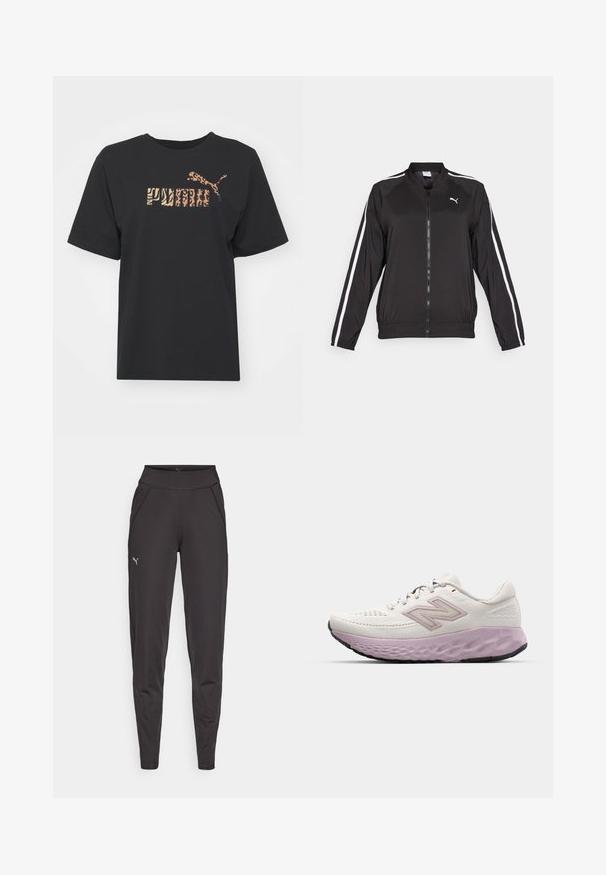 Black track jacket made of smooth fabric with white side stripes, a stand-up collar, and a front zipper, featuring an embroidered logo on the chest.; Black cotton t-shirt with short sleeves, featuring a textured graphic in orange and animal patterns on the front. Crew neck design.; Black athletic leggings made of stretchy fabric, featuring a high waistband, side pockets, and a small reflective logo on the left thigh.; Lightweight running shoe in white mesh with a pink midsole. Features a textured sole and side logo, designed for comfort and support.