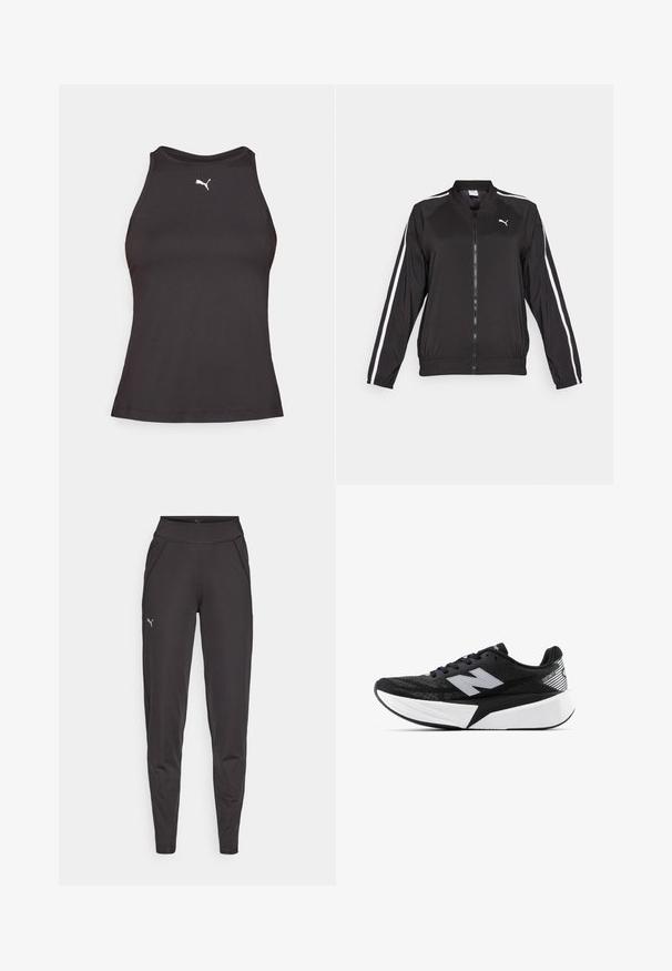 Jachetă de trening neagră, realizată dintr-un material neted, cu dungi albe pe laterale, guler înalt și fermoar anterior, având un logo brodat pe piept.; Tricou sport negru fără mâneci, cu guler înalt, având un mic logo alb Puma pe partea stângă a pieptului. Fabricat dintr-un material neted și elastic.; Leggings atletice negre, fabricate dintr-un material elastic, cu un talie înaltă, buzunare laterale și un mic logo reflectorizant pe coapsa stângă.; Pantof de alergare New Balance alb-negru, cu talpă groasă, parte superioară din plasă și logo-ul "N" pe lateral, văzut din partea exterioară.