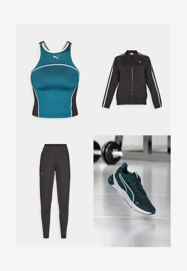 Must muströöpidega must sportjakk, mis on valmistatud siledast kangast, millel on kõrge kaelus ja eesne lukuga, ning mille rinnal on brodeeritud logo.; Türkiini värvi sportlik tank top, mis on valmistatud ribakujulisest materjalist mustade külgede ja valgete aktsentidega. Rinnal on Puma logo ja reguleeritavad rihmad.; Mustad mustriga mustad leggingud, mis on valmistatud venivast kangast. Neil on kõrge vöökoht, küljetaskud ja väike peegelduv logo vasakul reitel.; Tume roheline ja valge Puma toss, millel on mustriline polsterdus, kuvatud õhus spordisaali põranda kohal kangikangi riiuli lähedal.