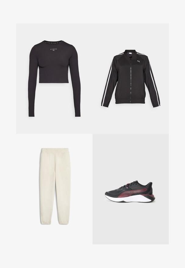 Must muströöpidega must sportjakk, mis on valmistatud siledast kangast, millel on kõrge kaelus ja eesne lukuga, ning mille rinnal on brodeeritud logo.; Must have valge logo ja sujuv tekstuur. Sobiv vorm.; Heledad beežid dressipüksid, mis on valmistatud pehmest kangast, elastse vöökohtadega, mansettidega säärekestes ja väikese valge logoga külgede peal.; Mustad mustoss spordijalats, millel on tekstureeritud võrgusilma ülemine osa, marooni aktsendid, pehmendusega valge vaheosa ja mustriga külgdisain.