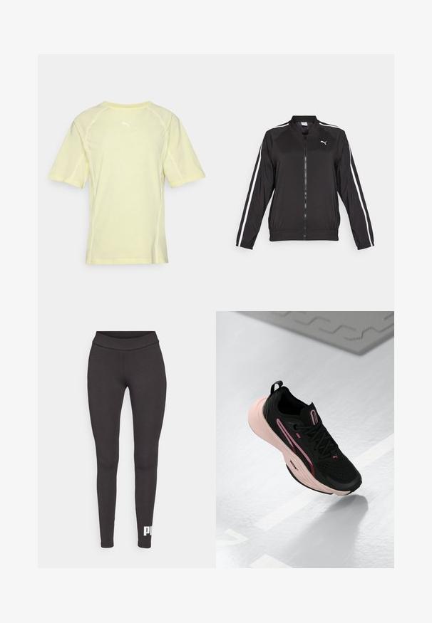 Jachetă de trening neagră, realizată dintr-un material neted, cu dungi albe pe laterale, guler înalt și fermoar anterior, având un logo brodat pe piept.; Tricou sport Puma de culoare galben deschis, cu mâneci scurte, gât rotund, cu cusături albe accent și un mic logo alb pe partea superioară a spatelui.; Colanți negri dintr-un material elastic, cu un talie înaltă și un logo alb imprimat pe piciorul din stânga jos. Textură netedă.; Pantofii sport negri cu accente roz și un material superior texturat. Au o talpă roz căptușită și șireturi negre. Design ușor pentru performanță.