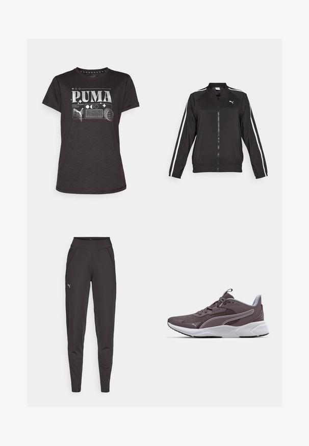 Svart treningsjakke laget av glatt stoff med hvite sidestriper, høy krage og frontglidelås, med et brodert logo på brystet.; Svart T-skjorte med korte ermer og sølvfarget grafisk trykk som viser "PUMA" og diverse sportsmotiver. Myk stoff, klassisk passform og rund hals.; Sorte athletic leggings laget av elastisk materiale, med høy midje, sidelommer og en liten reflekslogo på venstre lår.; Grå treningssko med mesh-overdel, hvit såle og kontrasterende detaljer. Har lissesystem og strukturerte flater for grep.