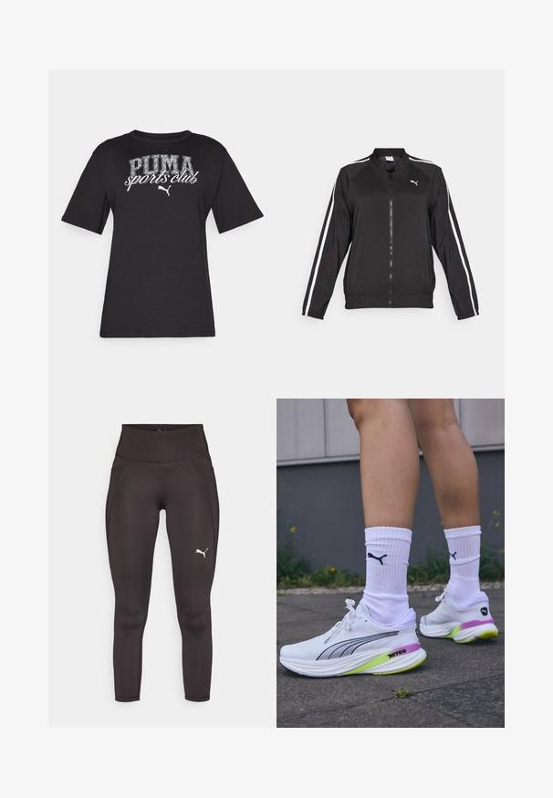 Schwarze Trainingsjacke aus glattem Stoff mit weißen Seitenstreifen, stehendem Kragen und einem Frontreißverschluss, versehen mit einem gestickten Logo auf der Brust.; Schwarzes Baumwoll-T-Shirt mit kurzen Ärmeln. Mit "PUMA Sports Club" in weißer und silberner Schrift bedruckt. Rundhalsausschnitt, normale Passform.; Schwarze Sportleggings aus einem dehnbaren Material mit hohem Bund, ausgestattet mit Seitentaschen und einem weißen Logo am linken Bein.; Weiße Laufschuhe mit einem schlanken Design, schwarzen Akzenten, lila und grünen Sohlenverzierungen, kombiniert mit weißen gerippten Socken, die ein schwarzes Logo aufweisen.