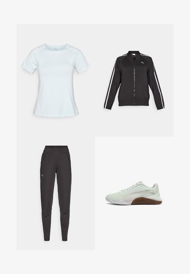 Čierna športová bunda vyrobená z hladkej látky s bielymi bočnými prúžkami, s vysokým golierom a predným zipsom, pričom je zdobená vyšitým logom na hrudi.; Svetlomodré športové tričko s krátkym rukávom, vyrobené z hladkej tkaniny, má zaoblený výstrih a malé perforácie na bokoch. Na hrudi je logo.; Čierne športové legíny vyrobené z elastického materiálu, s vysokým pásom, bočnými vreckami a malým reflexným logom na ľavom stehne.; Svetlozelená športová topánka s textúrovaným zvrškom, bielymi akcentmi a hnedou gumovou podrážkou. Obsahuje priedušnú sieťovinu a spevnenú špičku.
