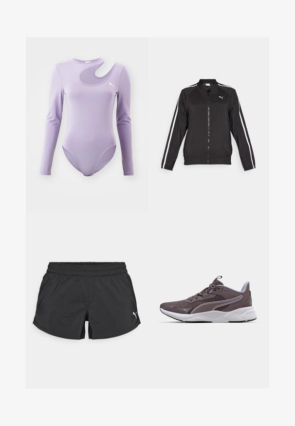 Black track jacket made of smooth fabric with white side stripes, a stand-up collar, and a front zipper, featuring an embroidered logo on the chest.; Long-sleeve bodysuit in lavender with a curved cutout design. Made of smooth fabric featuring a small logo on the chest.; Black athletic shorts with elastic waistband and small white Puma logo on the bottom right side, displayed on a plain background.; Gray athletic shoe with mesh upper, white sole, and contrasting accents. Features lacing system and textured surface for grip.