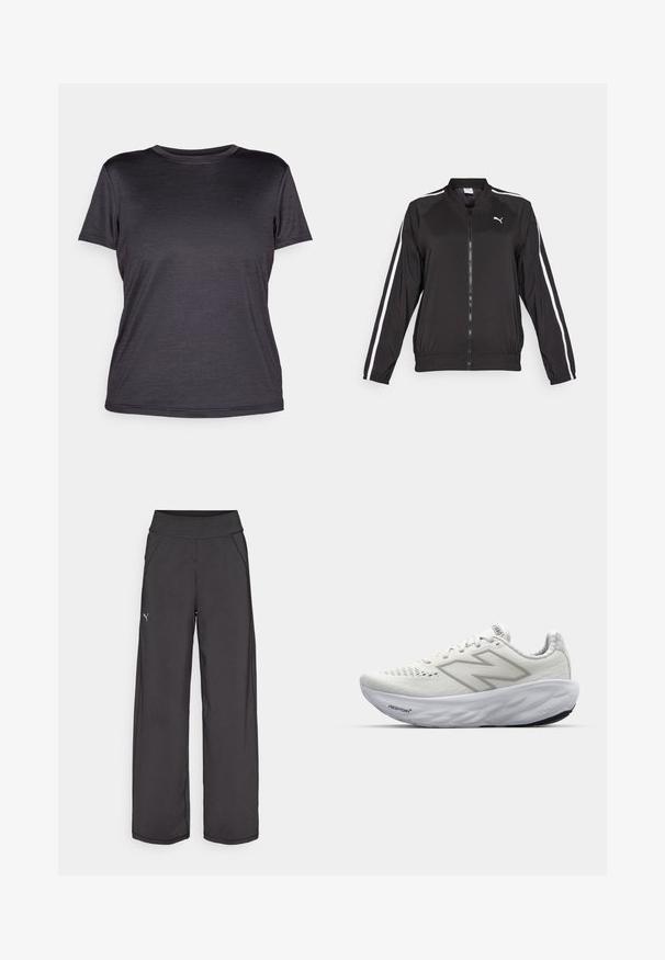 Casaco de treino preto feito de tecido suave, com riscas brancas laterais, gola alta e fecho à frente, apresentando um logo bordado no peito.; Camiseta cinza de manga curta feita de um tecido leve, com decote redondo, textura suave e um logo discreto no peito.; Calças atléticas pretas com uma cintura larga, bolsos laterais e costuras planas. Apresenta um pequeno logo na perna esquerda. Feitas de um tecido suave e elástico.; Ténis atléticos brancos com parte superior em malha, apresentando um colarinho acolchoado, sola texturizada e a marcação "Fresh Foam" na entressola.
