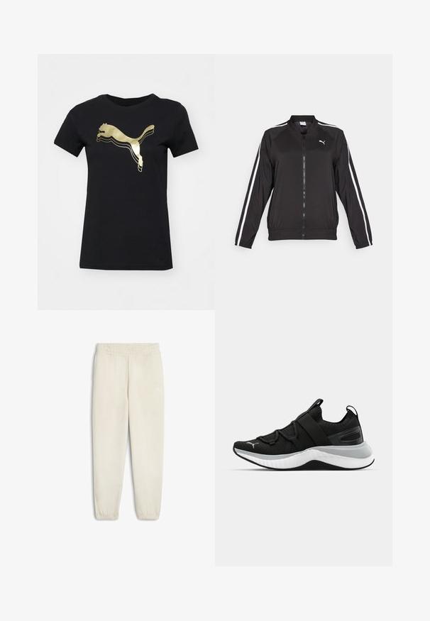 Čierna športová bunda vyrobená z hladkej látky s bielymi bočnými prúžkami, s vysokým golierom a predným zipsom, pričom je zdobená vyšitým logom na hrudi.; Čierne bavlnené tričko s kultovým zlatým metalickým logom skáčucej mačky na prednej strane, so klasickým okrúhlym výstrihom a krátkymi rukávmi.; Svetlo béžové tepláky vyrobené z mäkkej tkaniny, s elastickým pásom, manžetami na členkoch a malým bielym logom na boku.; Čierne športové topánky s textúrovaným zvrškom, elastickými pásikmi a hrubou bielou medzipodrážkou. Obsahujú sivý akcent pozdĺž podrážky.