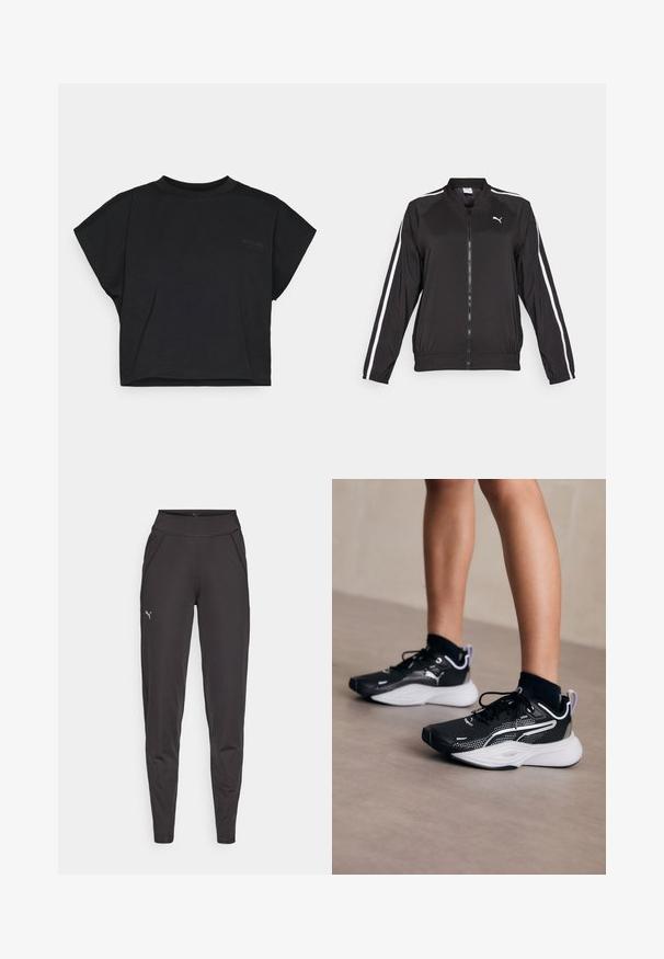 Melna sporta jaka no gludas auduma ar baltām sānu svītrām, stāvošu apkakli un priekšējo rāvējslēdzēju, ar izšūtu logotipu uz krūšu daļas.; Melna īsā tops ar īsām piedurknēm, izgatavots no mīksta kokvilnas materiāla ar apaļu kakla izgriezumu. Priekšpusē ir neliels logo.; Melni sporta legingi, izgatavoti no elastīgas auduma, ar augstu jostasvietu, sānu kabatām un mazu atstarojošu logotipu uz kreisā augšstilba.; Melnas sporta kurpes ar baltajiem akcentiem, acs augšdaļa, auklas un amortizēta papēža daļa. Izceļas ar teksturētu zoli labākai saķerei.