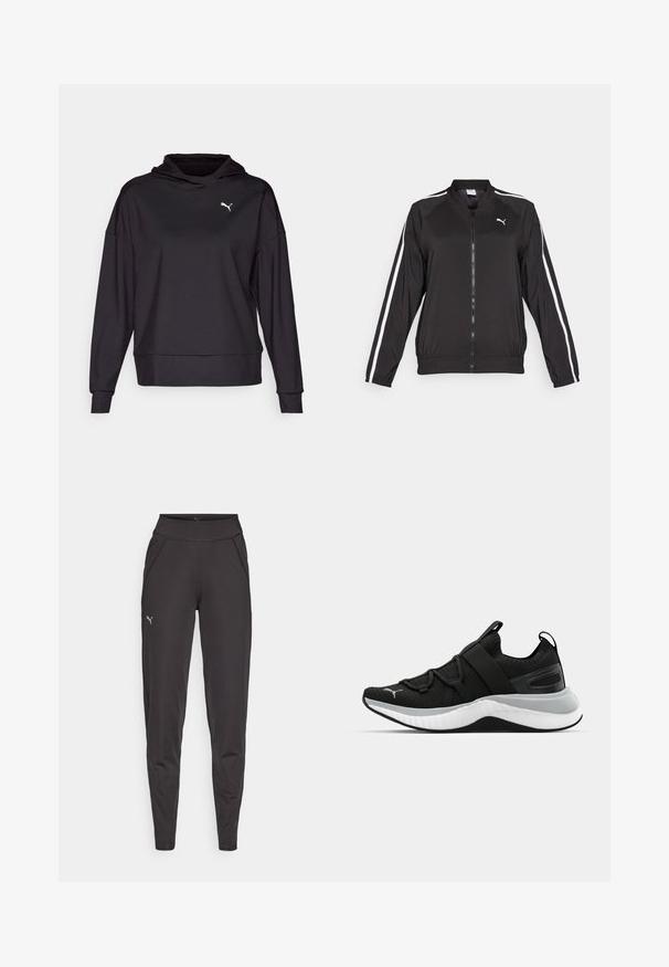 Giacca da tracksuit nera realizzata in tessuto liscio, con strisce bianche laterali, colletto alto e zip frontale, caratterizzata da un logo ricamato sul petto.; Felpa nera con cappuccio realizzata in tessuto liscio. Presenta maniche lunghe, una vestibilità rilassata e un piccolo logo bianco sulla parte superiore del petto sinistro.; Leggings sportivi neri in tessuto elasticizzato, con vita alta, tasche laterali e un piccolo logo riflettente sulla coscia sinistra.; Scarpa sportiva nera con tomaia testurizzata, cinghie elastiche e una spessa suola intermedia bianca. Presenta un accento grigio lungo la suola.