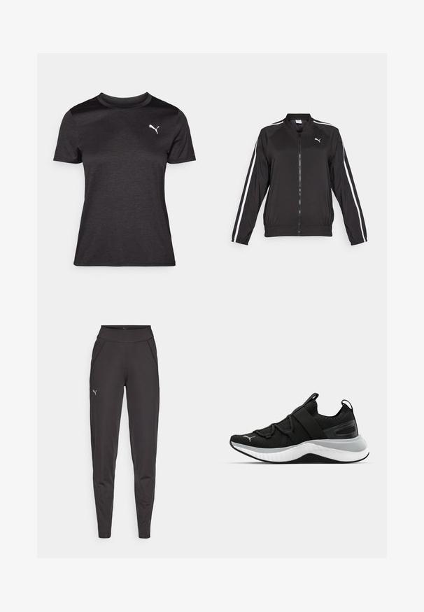 Must muströöpidega must sportjakk, mis on valmistatud siledast kangast, millel on kõrge kaelus ja eesne lukuga, ning mille rinnal on brodeeritud logo.; Must have lühikeste varrukatega must sportlik T-särk, ümmargune kaelus ja valge logo rinnal. Sile tekstuur ja stiliseeritud lõige.; Mustad mustriga mustad leggingud, mis on valmistatud venivast kangast. Neil on kõrge vöökoht, küljetaskud ja väike peegelduv logo vasakul reitel.; Must have tekstuuriga ülemise osaga mustad spordijalatsid, elastsete rihmade ja paksu valge vaheosaga. Omab halli aktsenti talla ääres.