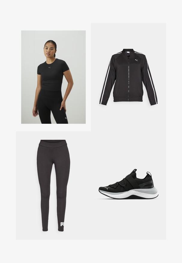 Fekete futódzseki sima anyagból, fehér oldalsávokkal, álló gallérral és elülső cipzárral, mellkason hímzett logóval.; Fekete sportos felső rövid ujjakkal, sima anyagból készült. Az elején egy kis szürke Puma logó található. Fekete, magas derekú leggingsszel viselve.; Fekete leggings rugalmas anyagból, magas derékkal és fehér logóval, amely a bal alsó lábszáron található. Sima textúrájú.; Fekete sportcipő textúrázott felső résszel, rugalmas pántokkal és vastag fehér középtalppal. Szürke akcentussal rendelkezik a talp mentén.