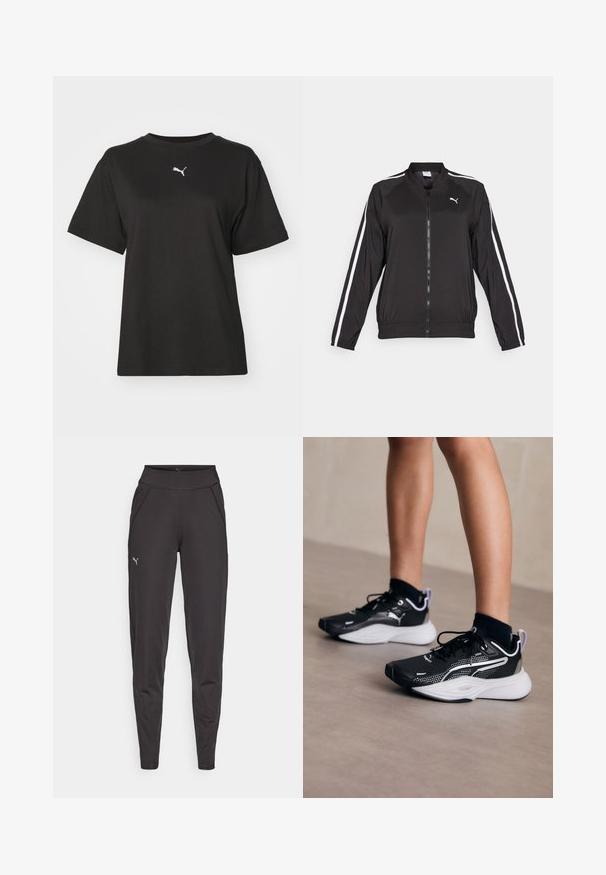 Svart treningsjakke laget av glatt stoff med hvite sidestriper, høy krage og frontglidelås, med et brodert logo på brystet.; Svart bomull t-skjorte med rund hals, korte ermer og hvit Puma-logo på brystet. Glatt tekstur, avslappet passform.; Sorte athletic leggings laget av elastisk materiale, med høy midje, sidelommer og en liten reflekslogo på venstre lår.; Sorte treningsko med hvite detaljer, mesh-øyverflate, snøring og polstret hæl. Har en teksturert såle for godt grep.